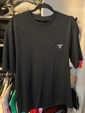 Prada Black Short Sleeve Logo Tee with Chest Triangle Patch